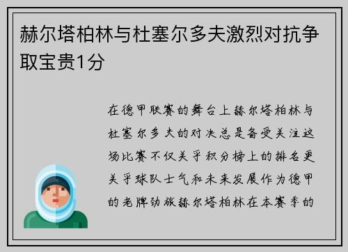 赫尔塔柏林与杜塞尔多夫激烈对抗争取宝贵1分