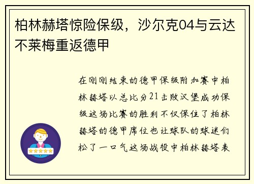 柏林赫塔惊险保级，沙尔克04与云达不莱梅重返德甲